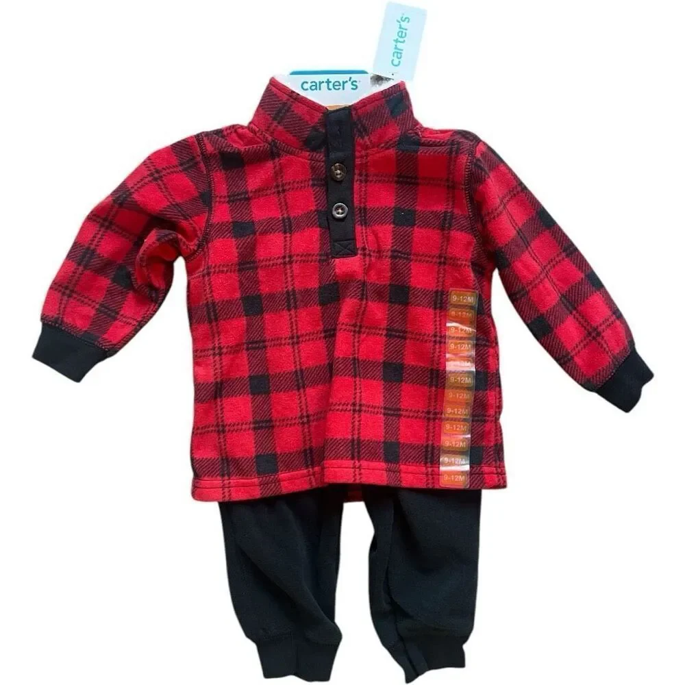 NWT Baby Boys Carters Red Check Buffalo Plaid Sherpa Pullover & Pants Set - 12 m